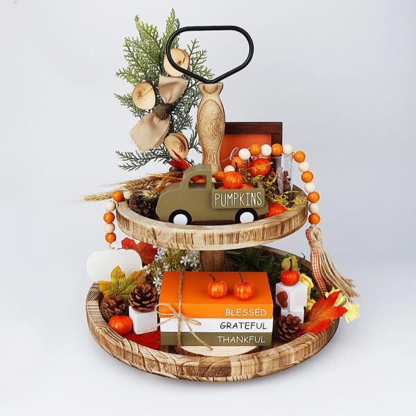 Fall Table Decor, Farmhouse Wooden Fall Signs with Book Stack, 3D Truck and 5 Individual Pumpkins for Tiered Tray 2