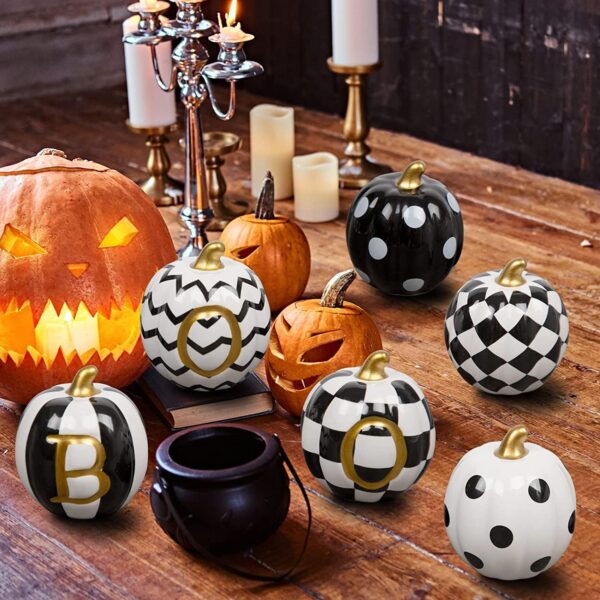 Halloween Decorations Indoor - Set of 6 Ceramic Halloween Pumpkin Decor - Assorted Black and White Boo Pumpkins for Fall Autumn Home Decor 2