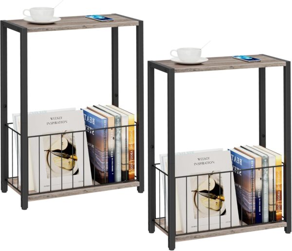 Narrow Side Tables Set of 2 with Magazine Holder, Skinny End Tables Perfect for Small Spaces, Space-Saving Design for Living Room, Bedroom, or Office, 7.1" D x 16.9" W x 23.6" H, Greige 2