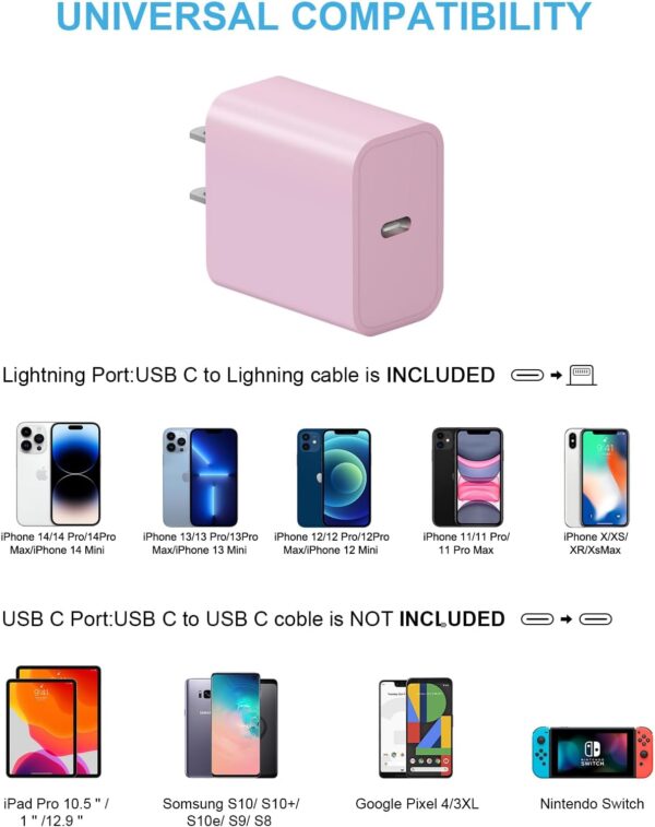 iPhone 14 13 12 Fast Charger 20W PD USB C Wall Charger with 6FT Fast Charging Cable for iPhone 14/14 Pro/14 Pro Max/14 Plus/13/12/11/Pro/Pro Max/Mini/Xs Max/X, iPad - Pink 2