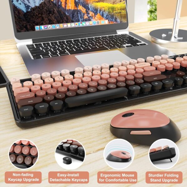 Wireless Keyboard and Mouse Combo, Ergonomic Full Size Typewriter Retro Round Keycaps Keyboard, Compatible with Windows, PC, Perfer for Home and Office Keyboards 2