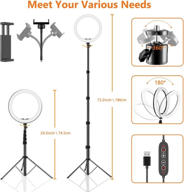 12" Selfie Ring Light with 73" Extendable Tripod Stand: PEYOU Desk Selfie Lights 38 Color Modes, Upgrade 3 in 1 Dimmable Adjustable Speed Ring Light for Makeup/TIK Tok/YouTube 2