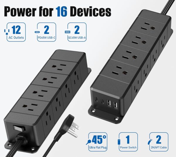 45W USB-C Fast Charging Under Desk Power Strip,12 Outlet Mountable Power Strip with 4 USB,1200J Surge Protection,6FT Flat Extension Cord Black 3
