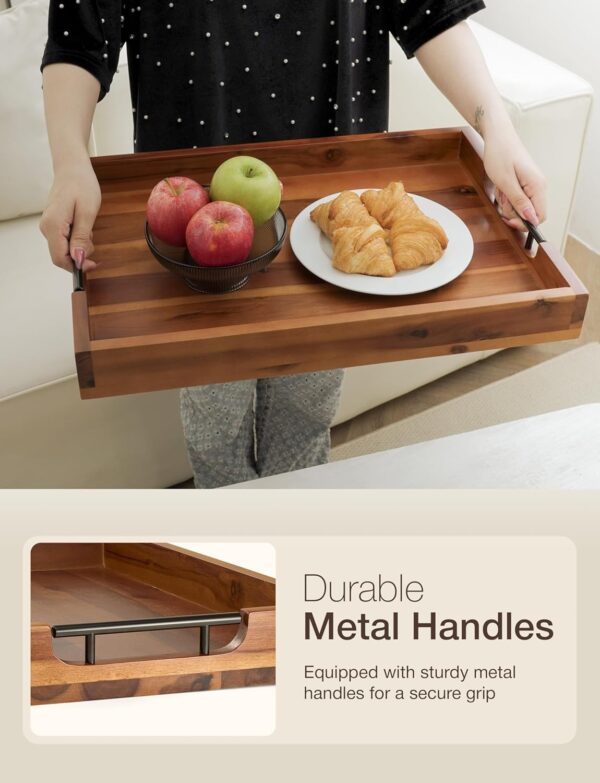 20 Inch Acacia Wood Ottoman Tray with Metal Handle - Wooden Square Serving Tray - Extra Large Food Trays for Decorative, Coffee Table, Breakfast in Bed - Charcuterie Trays Use for Kitchen 2