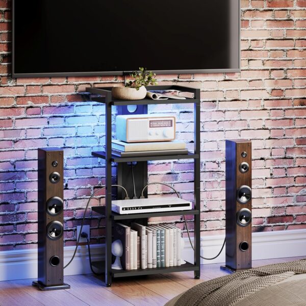 4-Tier AV Media Console With Charging Station and LED Light, Wooden Stereo Cabinet, Corner TV Stand, Record Player, Entertainment Device, Black BB38UDCJ01 2