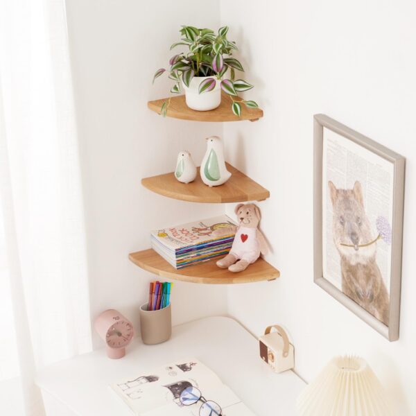 10" Oak Floating Corner Shelf, Round Wall-Mounted Display & Plant Stand 5 Floating Corner Shelf