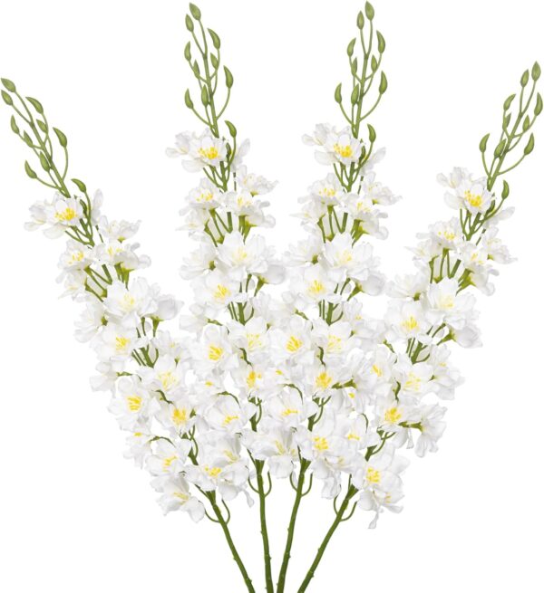 37" White Delphinium Artificial Flowers, Faux Silk Bouquet for Home & Wedding Decor 4 Delphinium Artificial Flowers