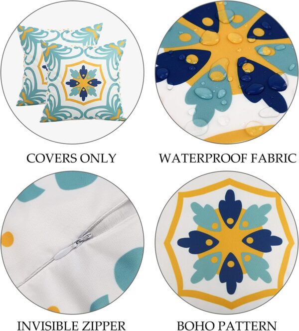 Set of 4 Outdoor Waterproof Pillow Covers, 18x18" Blue Floral Boho Farmhouse Design 5 Waterproof Pillow Covers