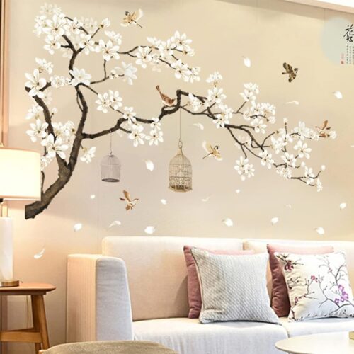 Large White Flower Wall Stickers, 50"x74" 3D Peel & Stick Cherry Blossom Wall Art for Home Decor