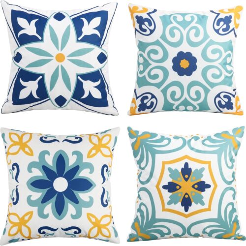Set of 4 Outdoor Waterproof Pillow Covers, 18x18" Blue Floral Boho Farmhouse Design