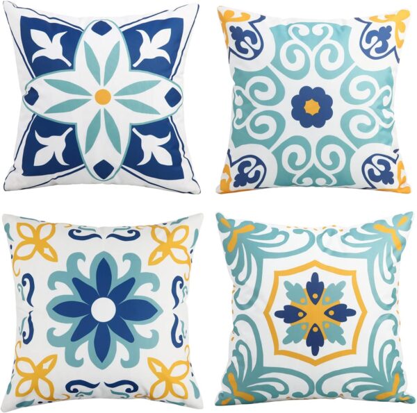 Set of 4 Outdoor Waterproof Pillow Covers, 18x18" Blue Floral Boho Farmhouse Design 1 Waterproof Pillow Covers
