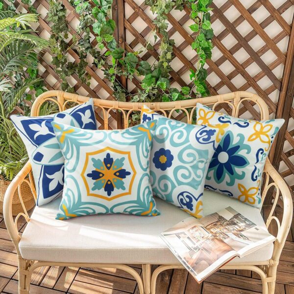 Set of 4 Outdoor Waterproof Pillow Covers, 18x18" Blue Floral Boho Farmhouse Design 2 Waterproof Pillow Covers