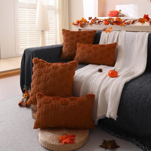 Set of 2 Fall Pillow Covers, 12x20" Rust Pumpkin Plush Throw Cushion Covers