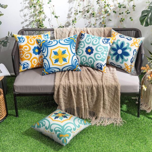Set of 4 Outdoor Waterproof Pillow Covers, 18x18" Blue Floral Boho Farmhouse Design 4 Waterproof Pillow Covers