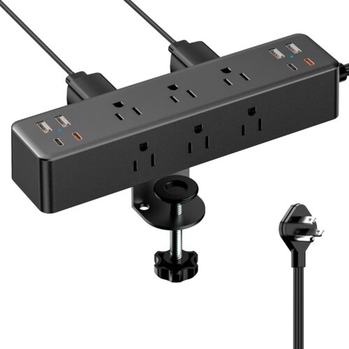 BBUS0724-28EEE_1 Flat Plug Desk Clamp Power Strip 10FT, 40W Total Fast Charging Station, Dual PD 20W USB C Ports, Desk Edge Mount Power Strip 9 AC Outlets 8 USB Ports(4 USB C) Surge Protector, Fit 1.7" Tabletop Edge