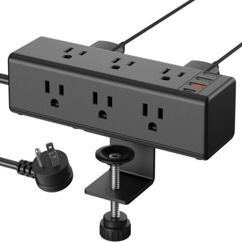 BBUS0728-04EE_1 CCCEI Desk Clamp Power Strip with 9 Outlets, Desktop Edge Mount Surge Protector with USB-A and USB-C Ports, Widely Spaced Desk Outlet Fast Charging Station, 6 FT Flat Plug, Fit 1.6 inch Table.