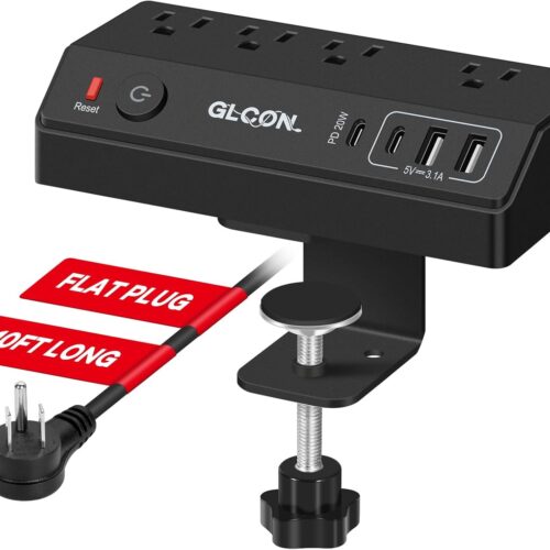 BBUS0728-44EEE_1 Desk Clamp Power Strip - 20W USB C Fast Charging Station - Desk Power Strip Flat Plug Extension Cord 10FT with 4 USB Ports + 4 Outlets - Desktop Mount Surge Protector - Fit 1.8" Tabletop Edge
