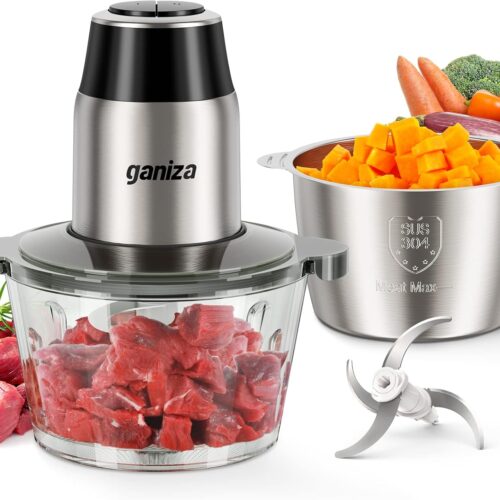 BBUS0729-032EE_1 GANIZA Food Processors, Electric Food Chopper with Meat Grinder & Vegetable Chopper - 2 Bowls (8 Cup+8 Cup) with Powerful 450W Copper Motor - Includes 2 Sets of Bi-Level Blades for Fruits/Meat/Nuts