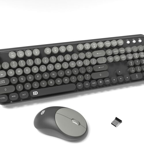 FD Wireless Keyboard and Mouse Combo - 2.4G Full-Sized Cute Colorful Mouse and Keyboard with 104 Round Keys Retro Typewriter Keyboards for Laptop/Windows/PC - Grey Gradient