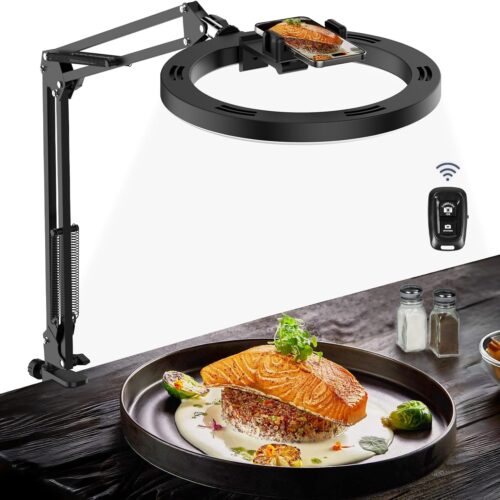 Overhead Camera Mount with Ring Light Phone Holder,10" LED Ring Light for Desk with Stand and Remote for iPhone,Phone Tripod with Light for Video Recording TikTok Live Stream Cooking Kitchen Vlogging