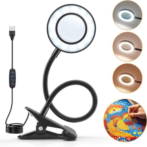 10X Lighted Magnifying Glass - 3 Colors & 10 Brightness Clip On Desk Lamp with Clamp Light - 1000 Lumen Hands Free Magnifier