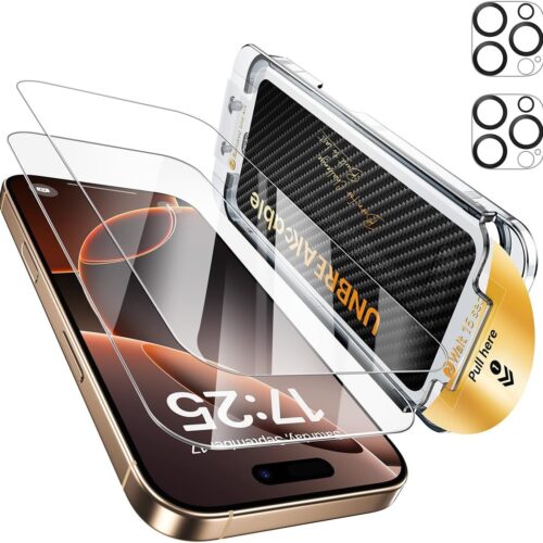 BBUS0907-1416EE_1 UNBREAKcable 2+2 Pack for iPhone 16 Pro Max Screen Protector & Lens Protector 【Military-Grade】【Easy Install】【Efficient Night Shot】9H+ Shatterproof Tempered Glass Film,Bubble-Free&Anti-Fingerprint ,Case Friendly-6.9 inch