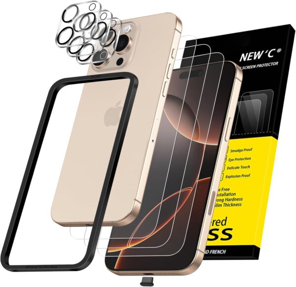 NEW'C 3x iPhone 16 Pro Max Screen Protector (6.9") + 3x Camera Lens | Sensor Protection | Case Friendly Tempered Glass | Dust Plug | Easy Installation Tool Included 1