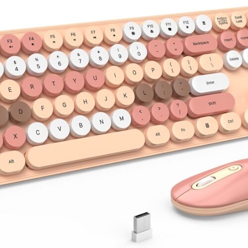 Wireless Keyboard and Mouse, Silent Keyboard Mouse Combo, Full-Sized Colorful Typewriter Keyboard with Round Keycaps, 2.4G Cute Mouse Compatible with PC/Laptop/Computer(Dark Milk Tea)