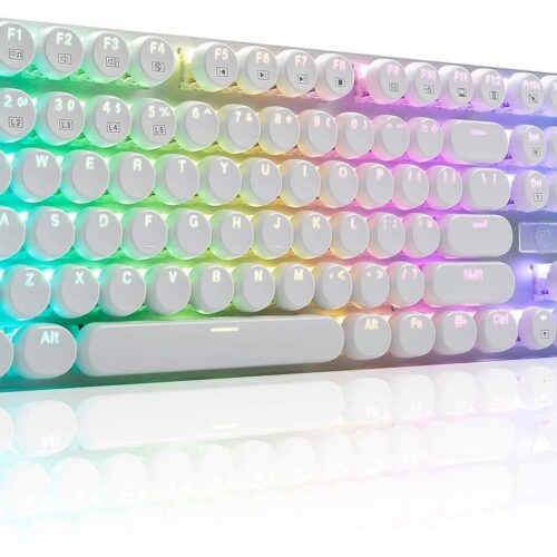 BBUS6127MZ_1 HUO JI E-Yooso Z-88 Wired Typewriter Style Mechanical Gaming Keyboard, Programmable RGB Backlit, Blue Switches - Clicky, USB-C Cable, Metal Panel, 104 Double-Shot Keycaps for PC, White