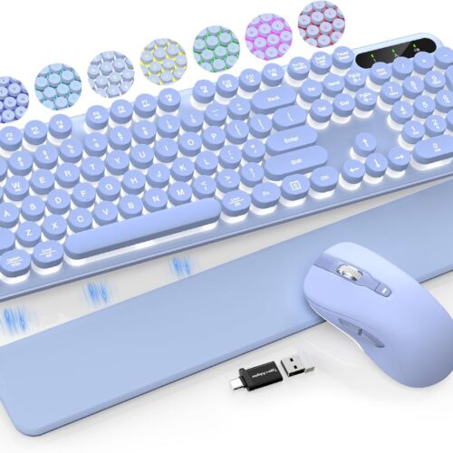 Wireless Keyboard and Mouse Backlit - Typewriter Keyboard with Retro Round Keycaps, Detachable Wrist Rest, Light Up Letters, 2.4G Rechargeable Combo for Mac, Windows, PC, Laptop, Trueque (Purple)