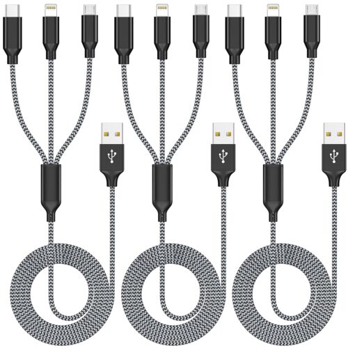 BBUS9009MZ_1 Multi Charging Cable 4ft 3Pack 3 in 1 Charger Cord, Multiple Rapid Nylon Braided Cable USB Charging Cable Multi Phone Charger Cord with Type C Micro Lightning USB Connectors for Cell Phones