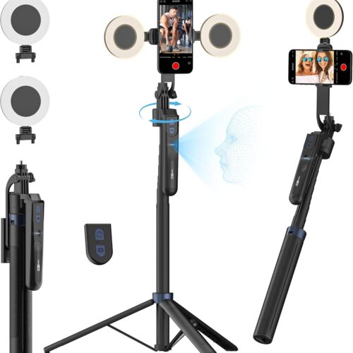 Auto Face Tracking Tripod 360 Rotation,Phone Tripod for iPhone w/Fill Light,Selfie Stick for iPhone w/Remote Control,70” Phone Holder Video Recording for Content Creators TikTok(UTK-02)