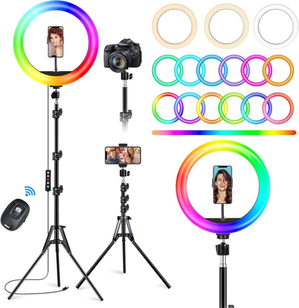 STALLY 10.2" Ring Light with Stand, 75" Tall Ring Light with Phone Holder and Wireless Remote, 12 Dimming Levels, 32 Color Modes Selfie Light Tripod for iPhone, Live Stream, Makeup, YouTube, TikTok 1