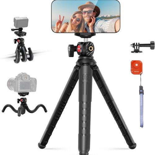 NEEWER Tripod for iPhone with Remote, Mini Flexible Phone Tripod Stand Vlog Selfie Stick with Phone Holder & Action Camera Adapter Compatible with iPhone GoPro Insta360 Samsung Digital Camera, TP35