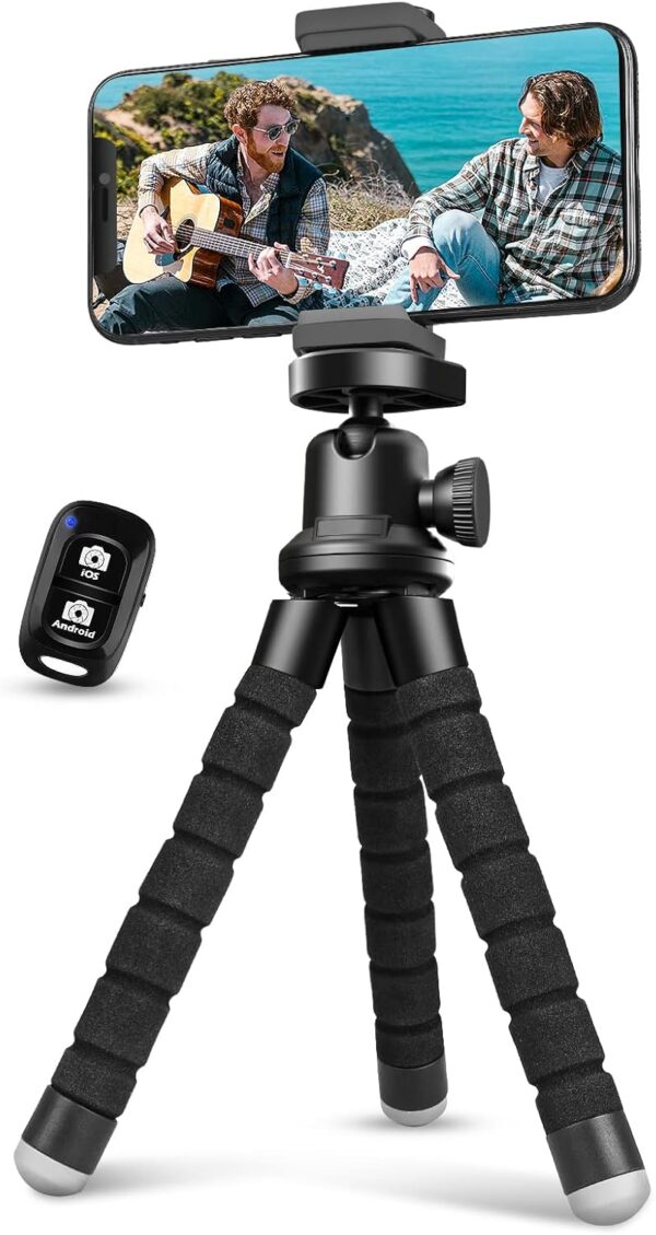 Aureday Phone Tripod, Flexible Tripod for iPhone and Android Cell Phone, Come with Wireless Remote and Clip for Video Recording/Vlogging/Selfie 1