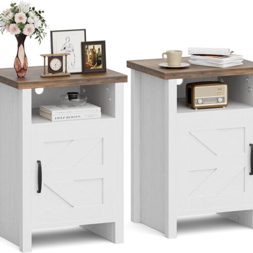 GHS0317MAX_1 JUMMICO Farmhouse Nightstand, Modern Bedside Table with Barn Door and Shelf, Rustic End Table Side Table for Bedroom, Living Room (2, White)