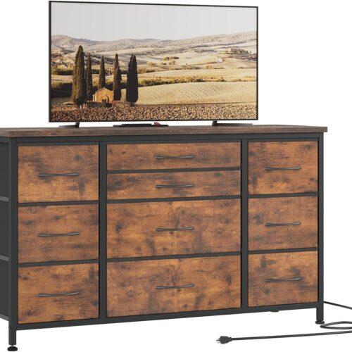 Jojoka Wide Dresser with 10 Large Drawers for 55'' Long TV Stand with Power Outlet Entertainment Center, Storage Fabric Drawer Unit for Bedroom, Closet, Entryway, Sturdy Metal Frame, Rustic Brown