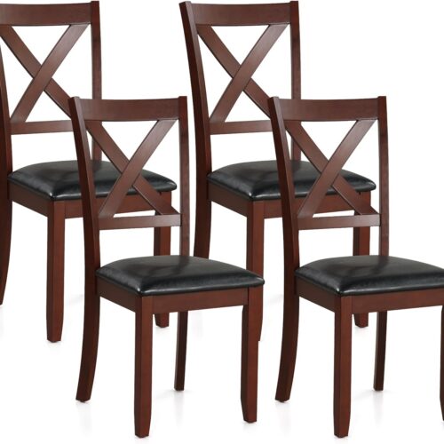 GHS1375MAX_1 Giantex Wood Dining Chairs Set of 4, Faux Leather Upholstered Dining Chairs with Rubber Wood Legs, Vintage Kitchen Chair w/Padded Seat, Max Load 355 Lbs, Farmhouse Armless Wooden Dining Room Chair