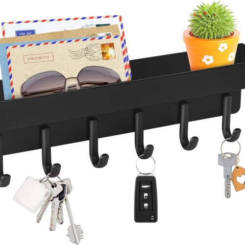 VIS'V Wall Mount Key Holder with 6 Hooks, Adhesive Black