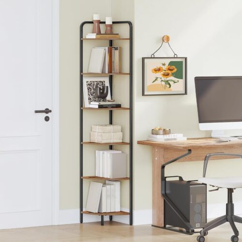 GHS2863MAX_1 6 Tier Corner Shelf Stand Modern Style Corner Bookshelf Standing Shelf Metal Frame Rustic Brown CS06601B