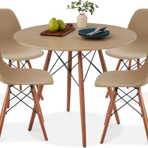 Best Choice Products 5-Piece Dining Set, Compact Mid-Century Modern Table & Chair Set for Home, Apartment w/ 4 Chairs, Plastic Seats, Wooden Legs, Metal Frame - Beige/Walnut