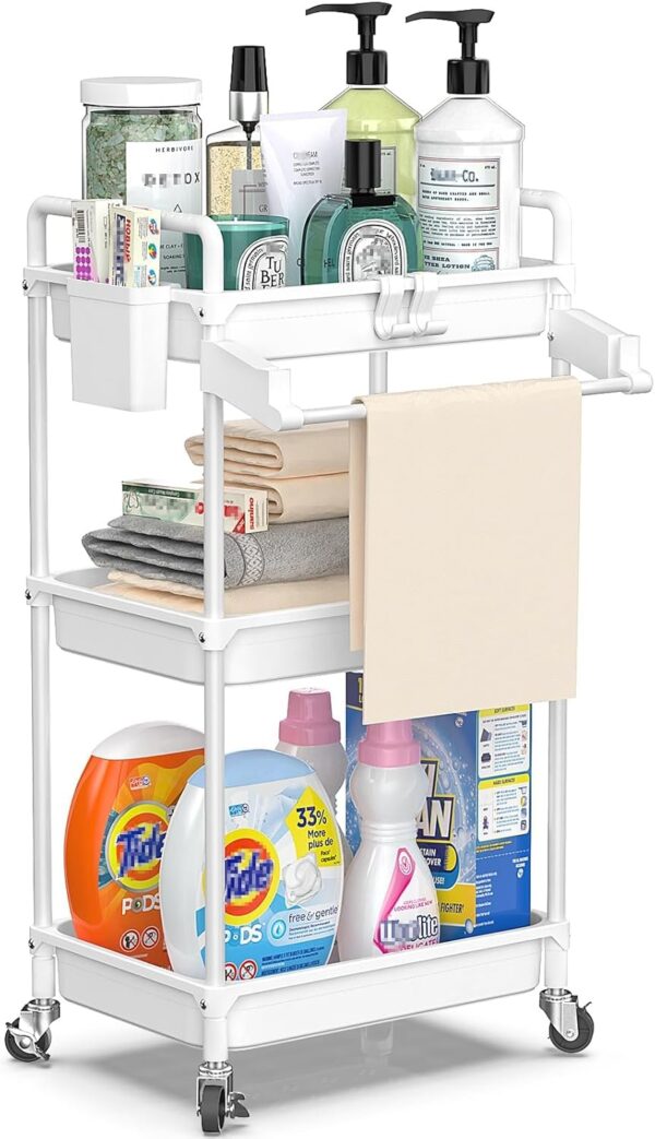 SPACEKEEPER Rolling Storage Cart, 3 Tier Utility Cart Laundry Room Organization Mobile Shelving Unit Bathroom Organizer with Towel Rack, Lockable Wheel, Hooks & Cup for Kitchen Office, White 1