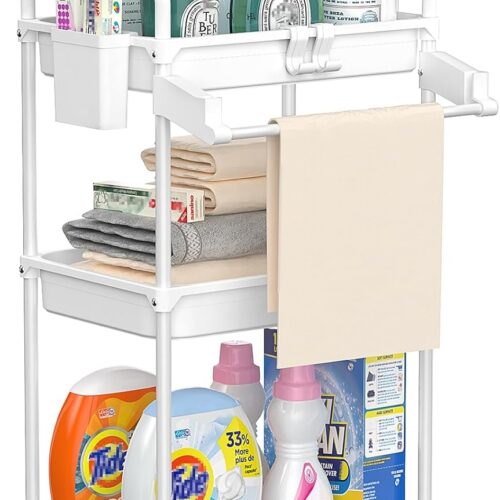 GHS3488MAX_1 SPACEKEEPER Rolling Storage Cart, 3 Tier Utility Cart Laundry Room Organization Mobile Shelving Unit Bathroom Organizer with Towel Rack, Lockable Wheel, Hooks & Cup for Kitchen Office, White