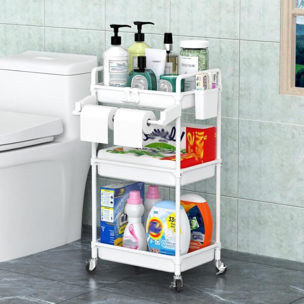 SPACEKEEPER Rolling Storage Cart, 3 Tier Utility Cart Laundry Room Organization Mobile Shelving Unit Bathroom Organizer with Towel Rack, Lockable Wheel, Hooks & Cup for Kitchen Office, White 2
