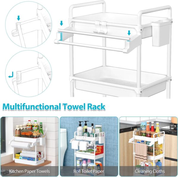 SPACEKEEPER Rolling Storage Cart, 3 Tier Utility Cart Laundry Room Organization Mobile Shelving Unit Bathroom Organizer with Towel Rack, Lockable Wheel, Hooks & Cup for Kitchen Office, White 3