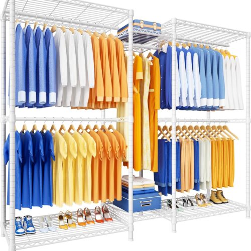 Ulif E12 Clothes Rack，Heavy Duty Freestanding Garment Rack with Shelves，Metal Clothing Closet Storage System for Hanging Clothes，71" W x 16" D x 76.5" H, Hold 960 lbs，White