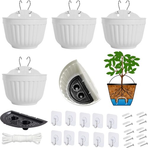 GHS3747MAX_1 5 Pack Resin Wall Hanging Planter Pots Vertical Garden Living Wall Mount Window Hang Box Container Indoor Outdoor for Plants Flowers Kitchen Herbs Holder with Drainage Water Reservoir Decor White