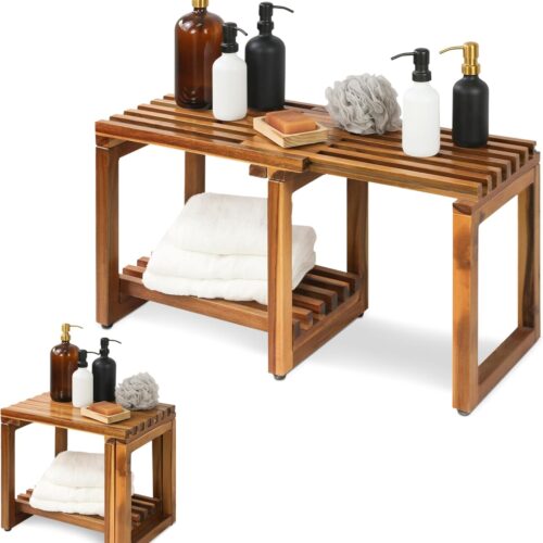 Adjustable Length 29 Inches Shower Stool Bench Chair Waterproof with Storage Shelf for Shaving Legs, Spa, Bath Seat in Bathroom, Inside Shower for Adults Seniors Elderly (Small 29 in)