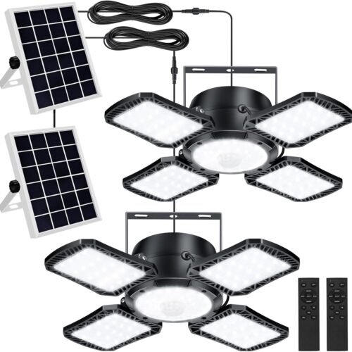 GHS4115MAX_1 Aqonsie Solar Shed Light Outdoor Indoor, 176LED Solar Powered Motion Sensor Pendant Light Daytime Available, Solar Indoor Lights with 5 Lighting Modes & Remote for Shed Gazebo Barn Garage, 2 Pack