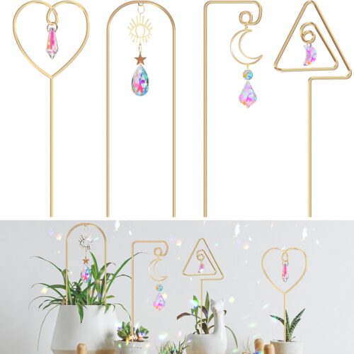 GHS4293MAX_1 Small Trellis for Potted Plants Indoor with Colorful Crystal Sun Catcher, 14.17 Inch Metal Plant Lattice for Mini Potted Plant Decoration for Home Window Garden 4 Pack